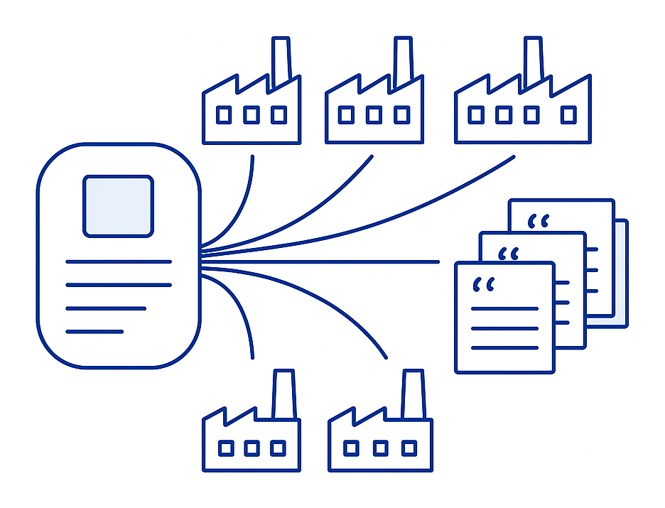 A spec matched to vetted factories returning structured quotes